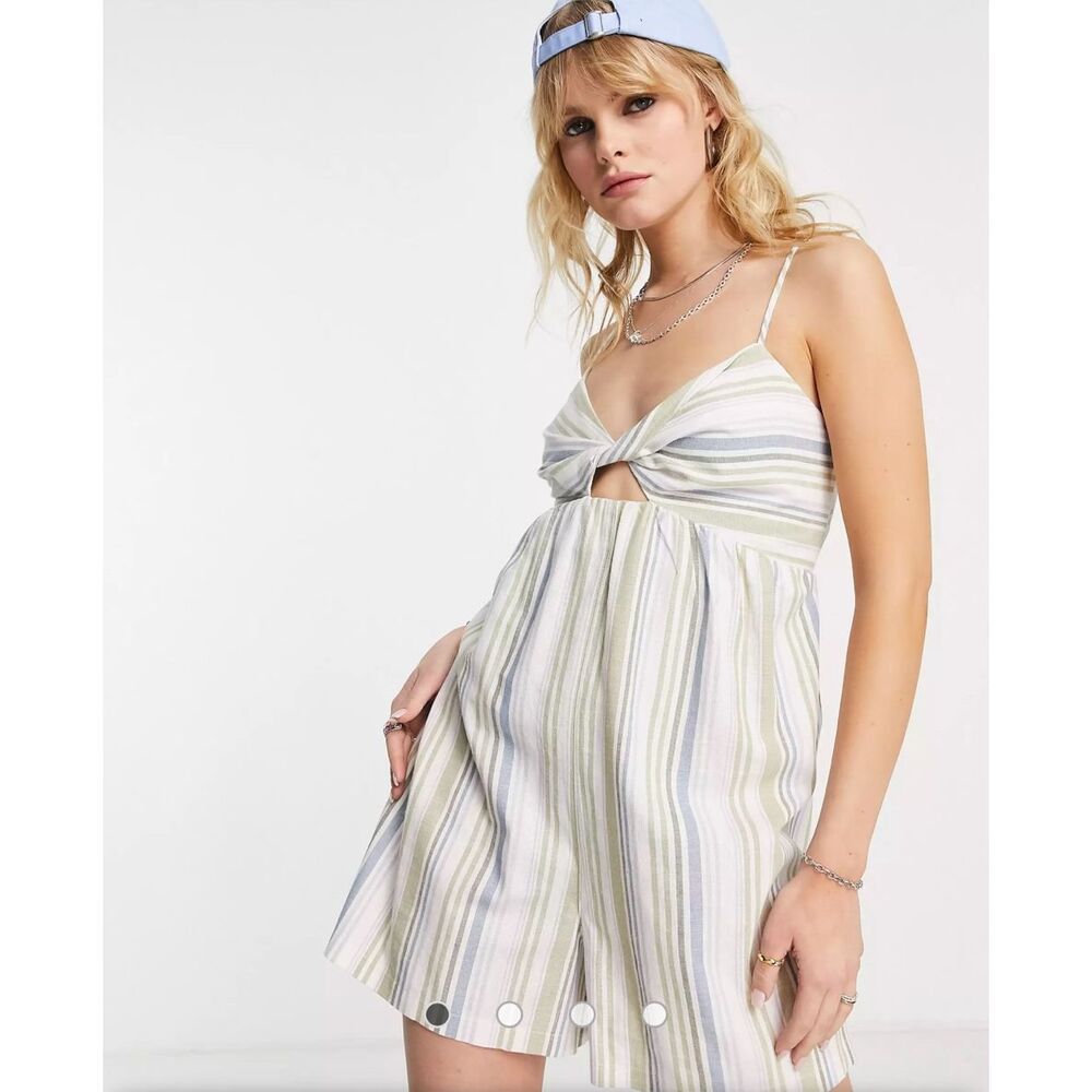 Topshop linen pastel stripe tie front romper in multi New with tag size 10